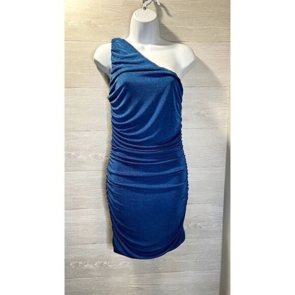 Women's Blue Velvet Halter Neck Ruched‎ Bodycon Midi Dress